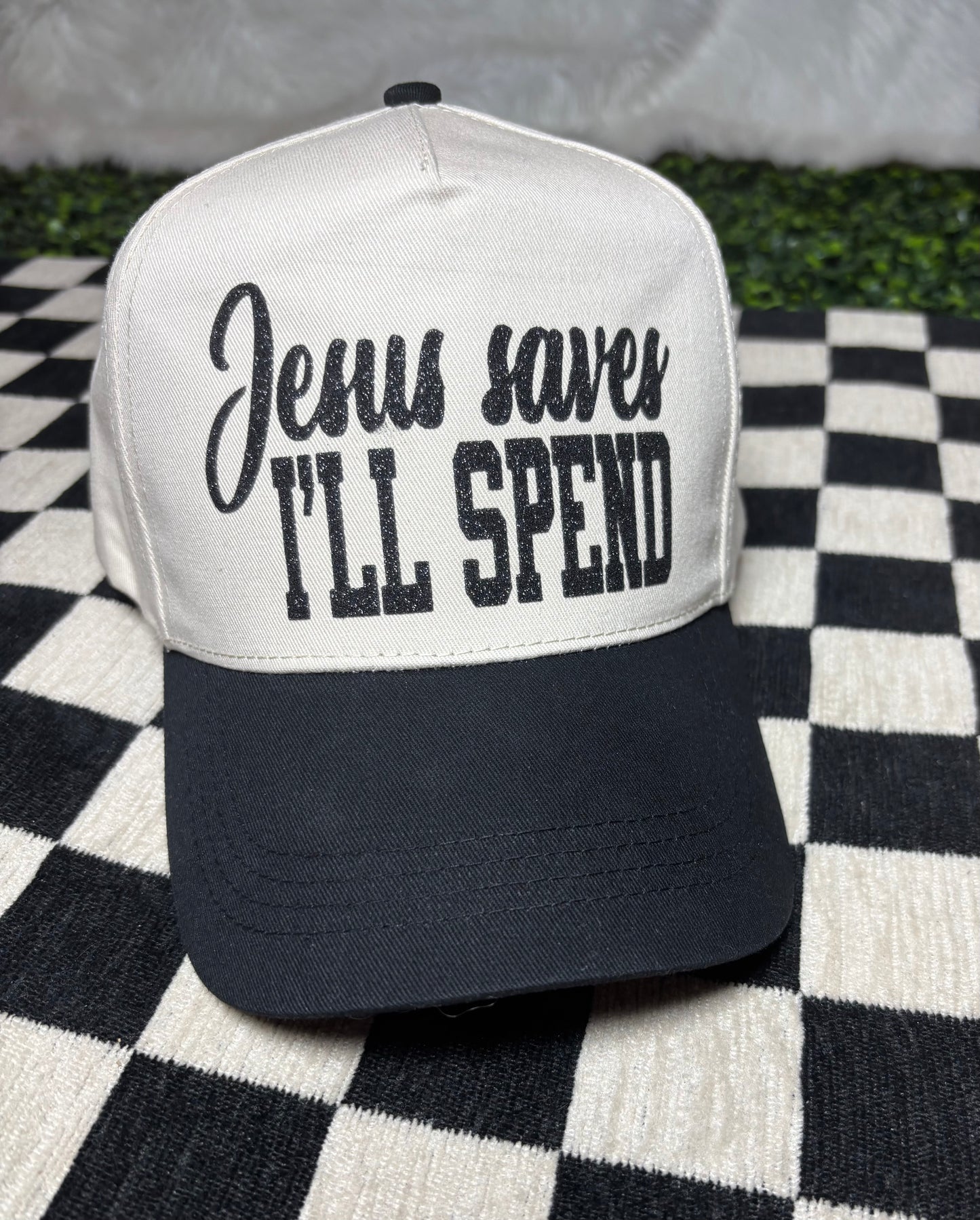 Jesus saves I spend glitter hat