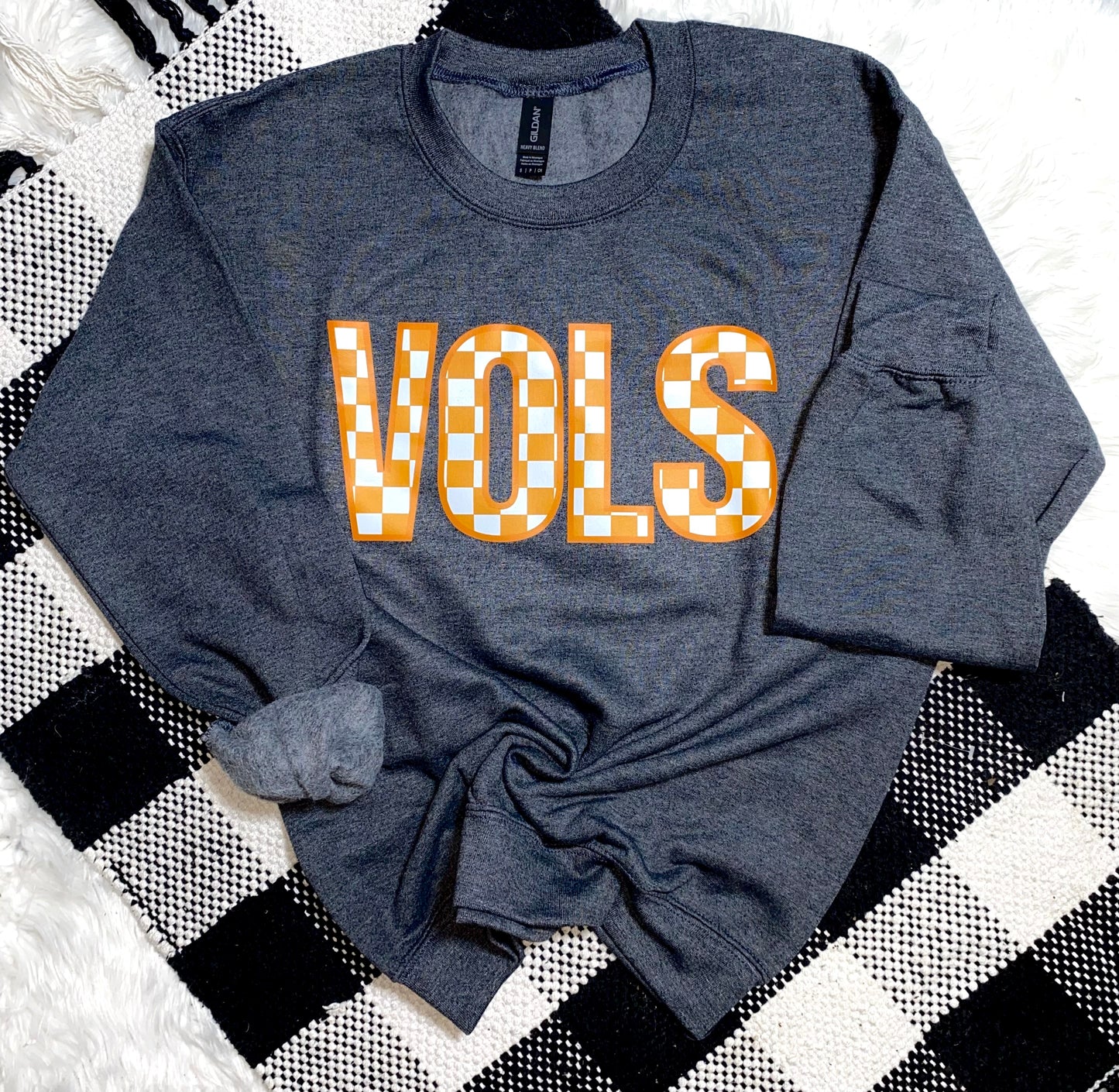 VOLS Checkerboard Sweatshirt | Tennessee Game Day crewneck | Vols Spirit Shirt | Orange and White Checker fleece | Unisex