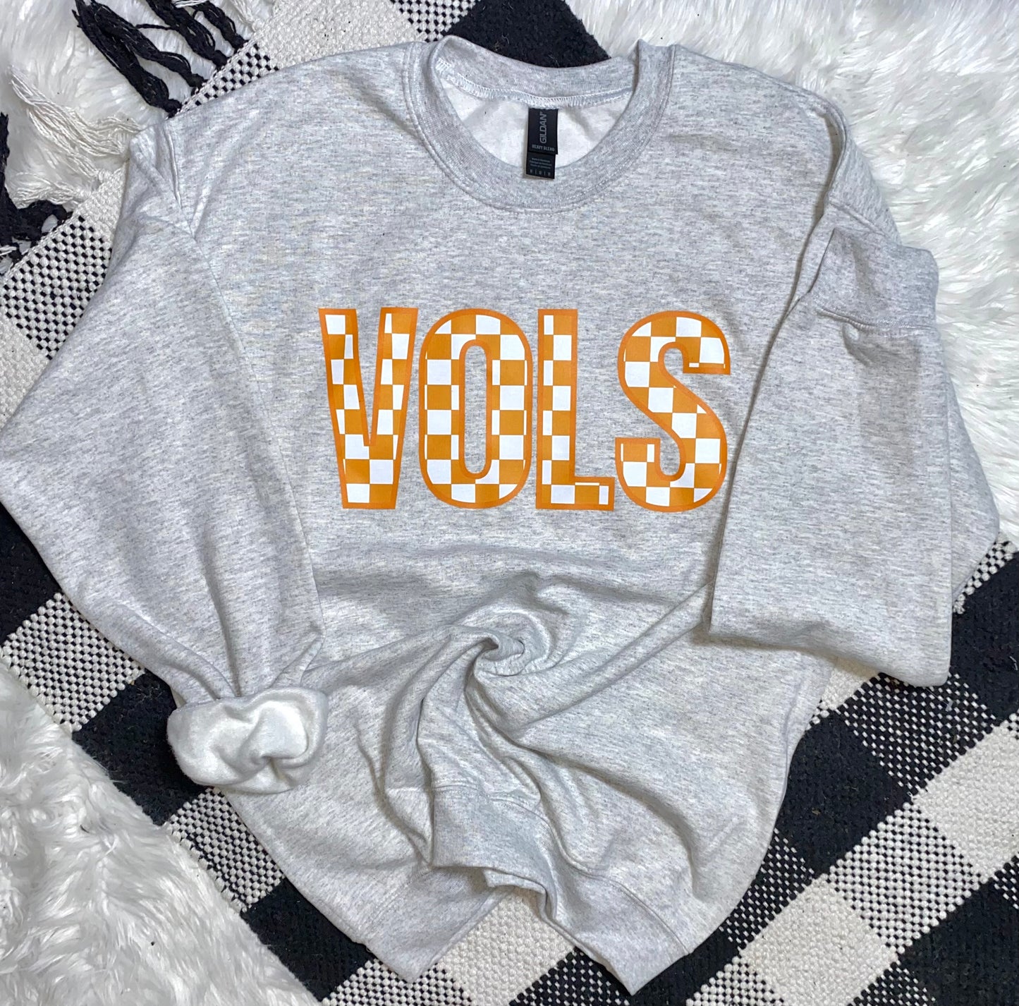 VOLS Checkerboard Sweatshirt | Tennessee Game Day crewneck | Vols Spirit Shirt | Orange and White Checker fleece | Unisex