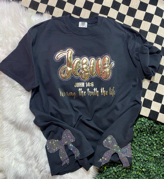 Jesus Rhinestone Puff Tee with !Bows – John 14:6 the way, the truth, the life