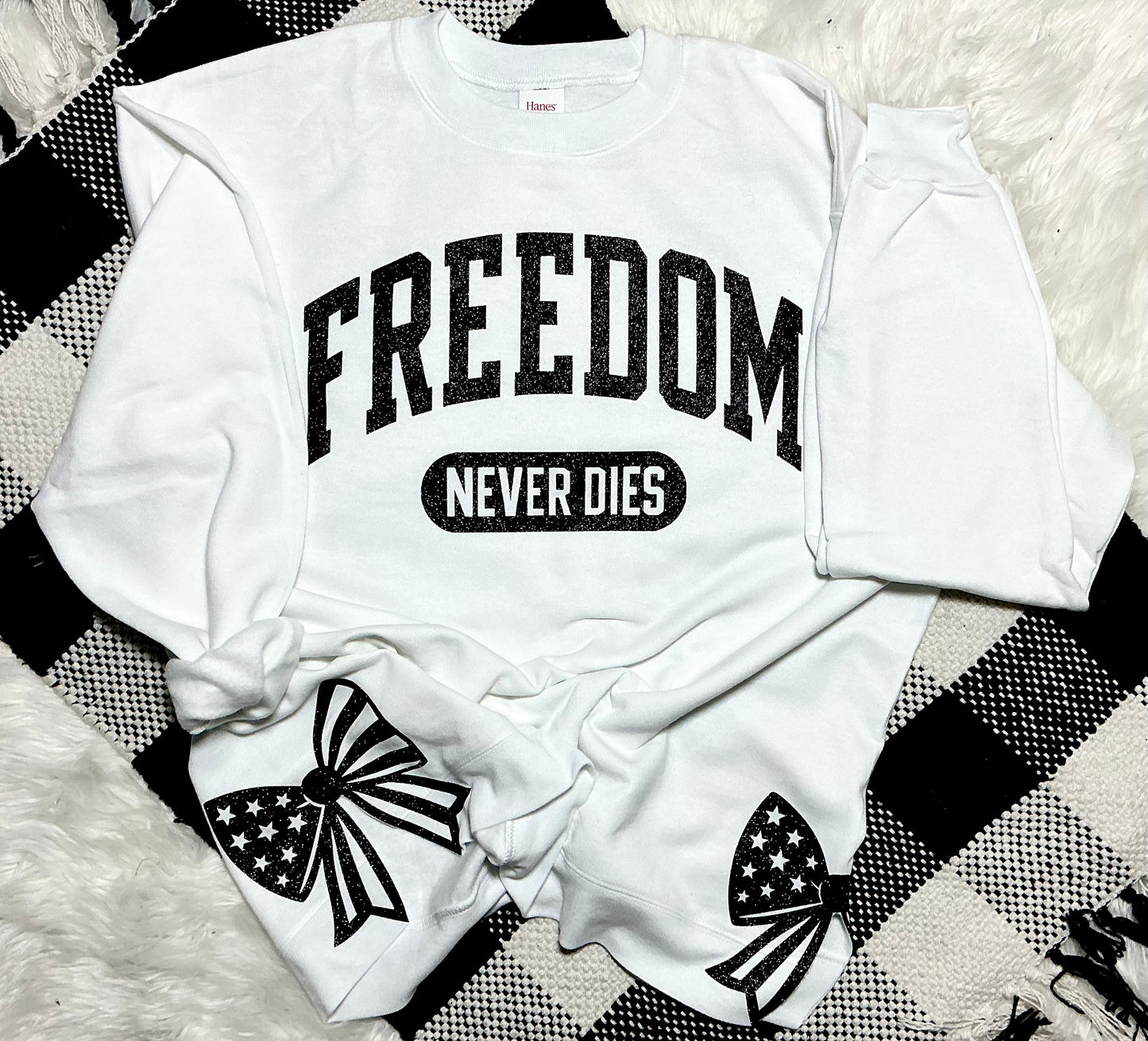 Freedom never dies Charlie Kirk inspired sweatshirt | patriotic American flag bows | glitter crewneck