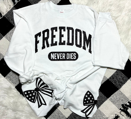 Freedom never dies Charlie Kirk inspired sweatshirt | patriotic American flag bows | glitter crewneck