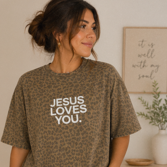 Jesus Loves You Shirt | Trendy Christian Leopard Graphic Tee for Women